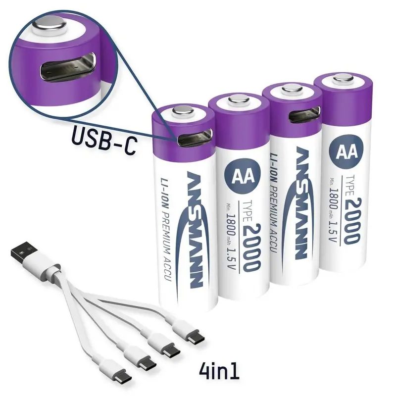 Ansmann AA Li-Ion Rechargeable Battery with USB-C Port, Pack of 4