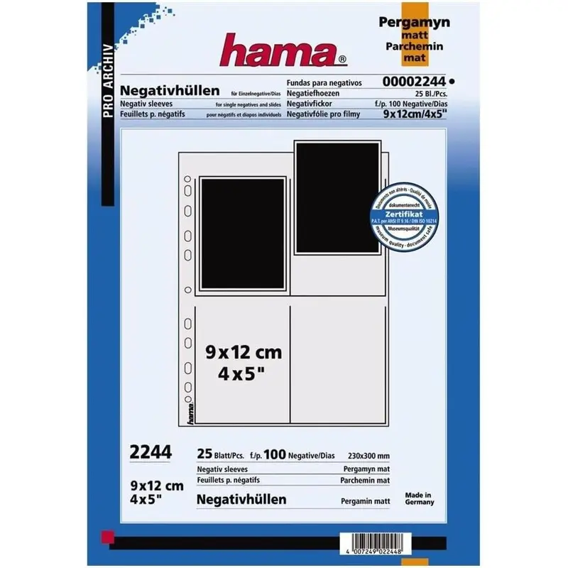 HAMMA Negative Sleeves 9 X 12/4 (4 X 5) 100 Blatt/Pcs, Matt
