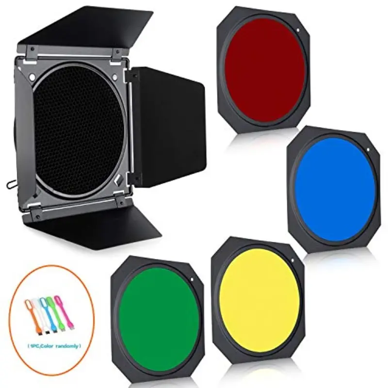 Godox BD-04 Barn Door & Honeycomb Grid & 4 Color Gel Filters for 7" Standard Reflector
