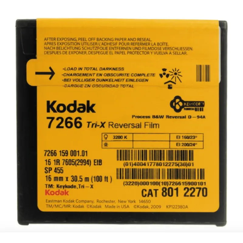 Kodak Tri-X Black-and-White Reversal Film #7266 (16mm, 100' Roll, Single Perf)